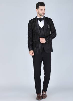 Black 5 pc embroidered designer tuxedo suit for men 1