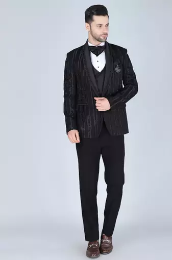 Black 5 pc embroidered designer tuxedo suit for men