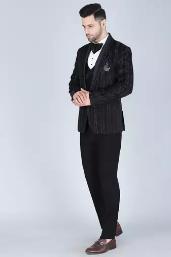 Black 5 pc embroidered designer tuxedo suit for men