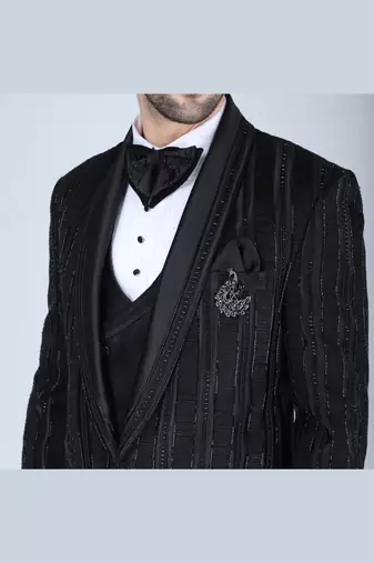 Black 5 pc embroidered designer tuxedo suit for men