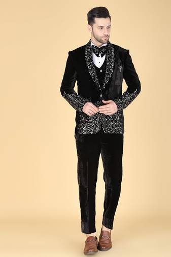 Black 5 pc embroidered designer tuxedo suit for men