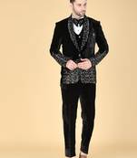Black 5 pc embroidered designer tuxedo suit for men