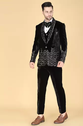 Black 5 pc embroidered designer tuxedo suit for men