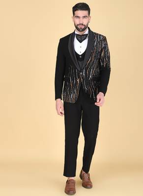 Black 5 pc embroidered designer tuxedo suit for men 1