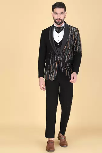 Black 5 pc embroidered designer tuxedo suit for men