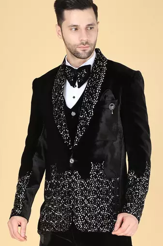 Black 5 pc embroidered designer tuxedo suit for men