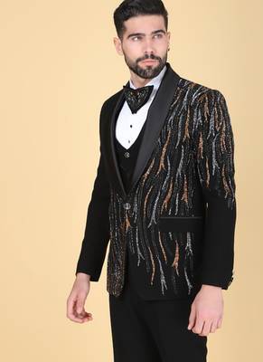 Black 5 pc embroidered designer tuxedo suit for men 2