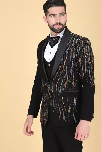 Black 5 pc embroidered designer tuxedo suit for men