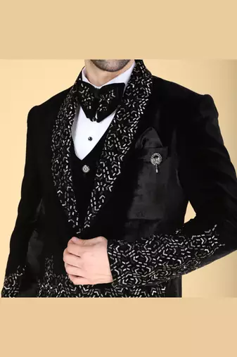 Black 5 pc embroidered designer tuxedo suit for men