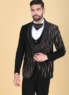 Black 5 pc embroidered designer tuxedo suit for men 3
