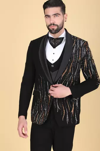 Black 5 pc embroidered designer tuxedo suit for men