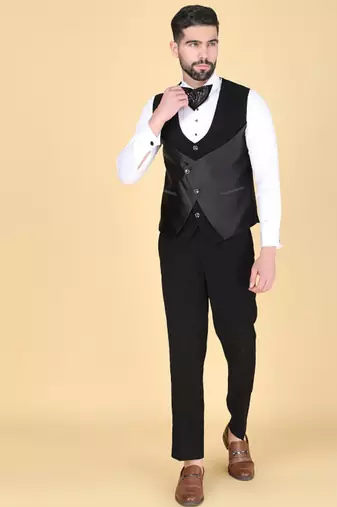Black 5 pc embroidered designer tuxedo suit for men