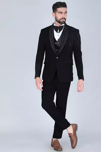Black 5 pc embroidered designer tuxedo suit for men