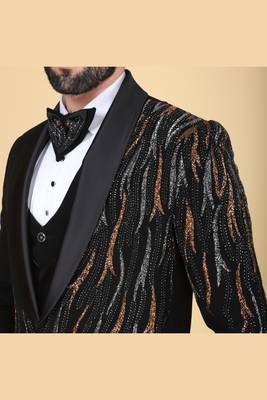 Black 5 pc embroidered designer tuxedo suit for men 5
