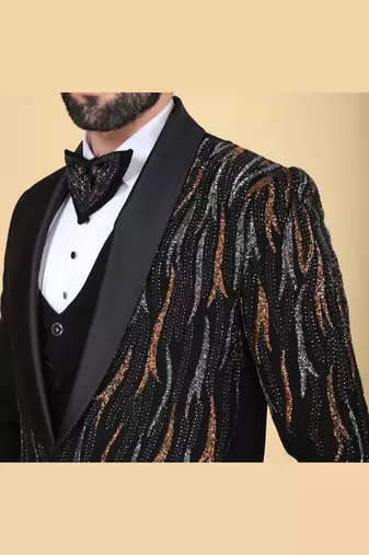 Black 5 pc embroidered designer tuxedo suit for men
