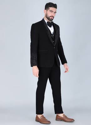 Black 5 pc embroidered designer tuxedo suit for men 2