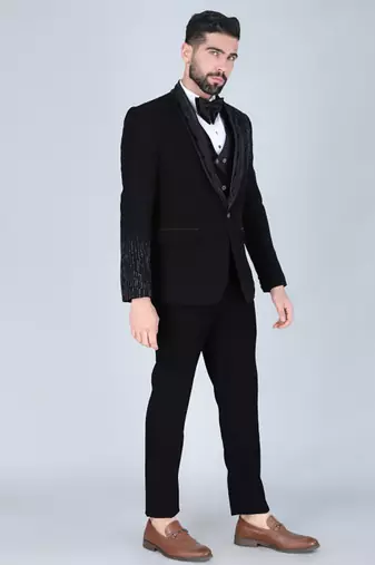 Black 5 pc embroidered designer tuxedo suit for men