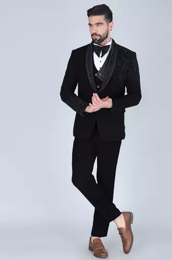 Black 5 pc embroidered designer tuxedo suit for men