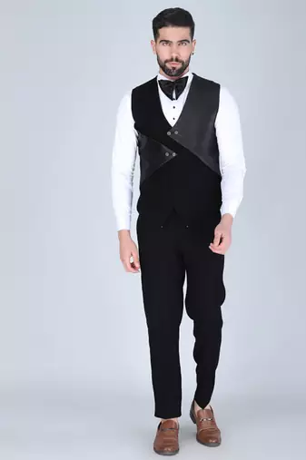 Black 5 pc embroidered designer tuxedo suit for men