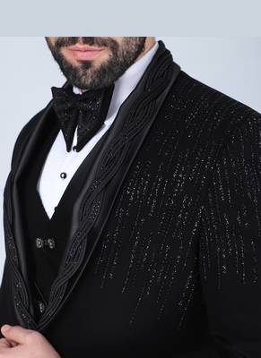 Black 5 pc embroidered designer tuxedo suit for men 5