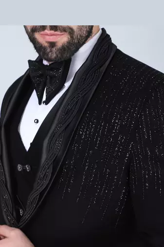 Black 5 pc embroidered designer tuxedo suit for men