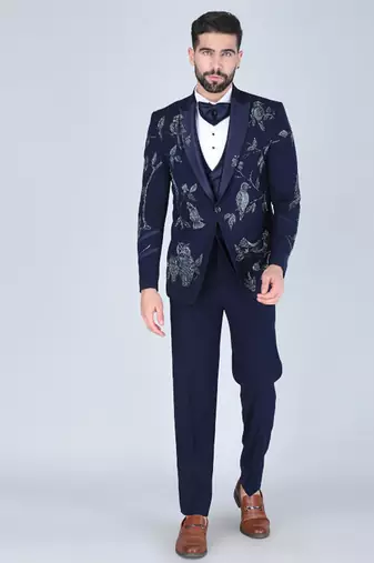 Navy 5 pc hand painted designer tuxedo suit for men