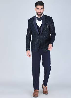 Navy 5 pc thread embroidered tuxedo suit for men 1