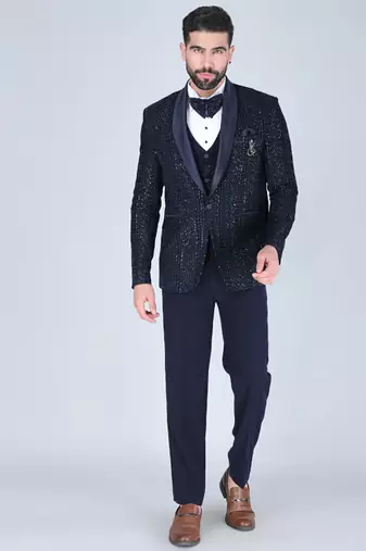 Navy 5 pc thread embroidered tuxedo suit for men