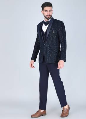 Navy 5 pc thread embroidered tuxedo suit for men 2