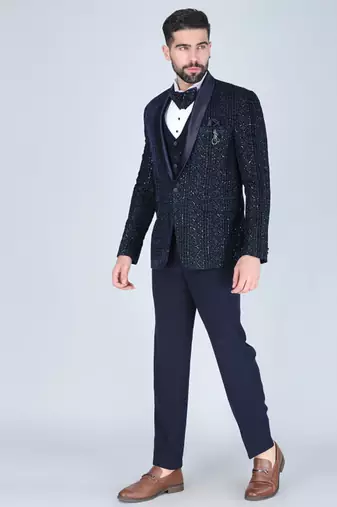 Navy 5 pc thread embroidered tuxedo suit for men