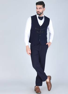 Navy 5 pc thread embroidered tuxedo suit for men 3