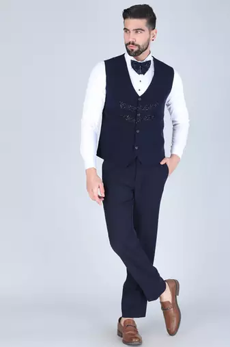 Navy 5 pc thread embroidered tuxedo suit for men