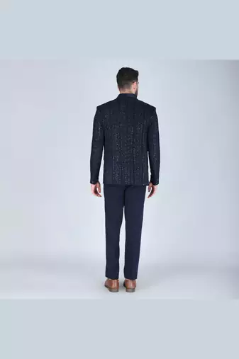 Navy 5 pc thread embroidered tuxedo suit for men