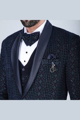 Navy 5 pc thread embroidered tuxedo suit for men 5