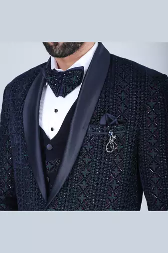 Navy 5 pc thread embroidered tuxedo suit for men