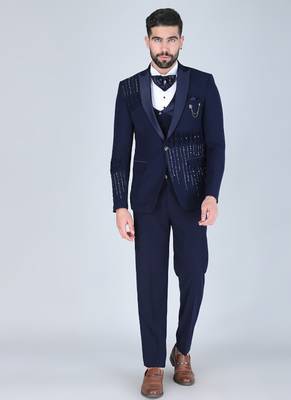 Navy 5 pc embroidered designer tuxedo suit for men 1