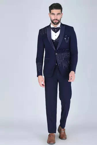 Navy 5 pc embroidered designer tuxedo suit for men