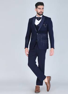 Navy 5 pc embroidered designer tuxedo suit for men 2