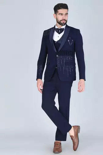 Navy 5 pc embroidered designer tuxedo suit for men