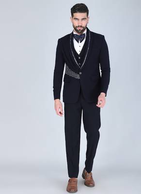 Navy 5 pc metal embroidered tuxedo suit for men 1
