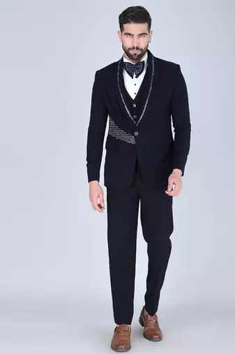 Navy 5 pc metal embroidered tuxedo suit for men
