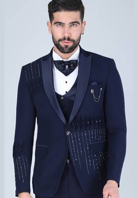 Navy 5 pc embroidered designer tuxedo suit for men 4
