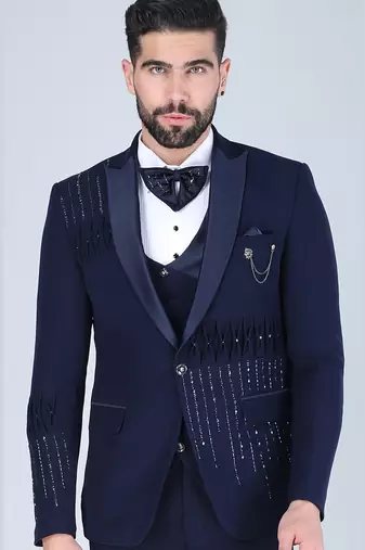 Navy 5 pc embroidered designer tuxedo suit for men