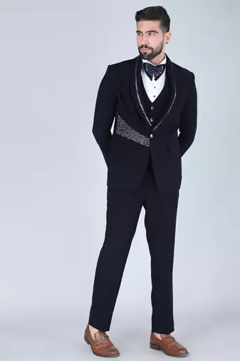 Navy 5 pc metal embroidered tuxedo suit for men