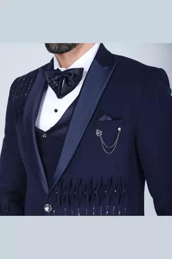 Navy 5 pc embroidered designer tuxedo suit for men