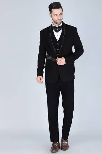 Black 5 pc metal embroidered tuxedo suit for men
