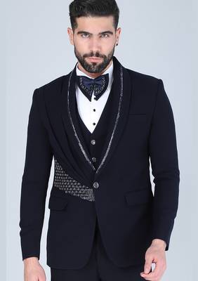 Navy 5 pc metal embroidered tuxedo suit for men 4