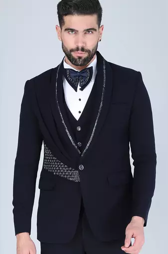 Navy 5 pc metal embroidered tuxedo suit for men