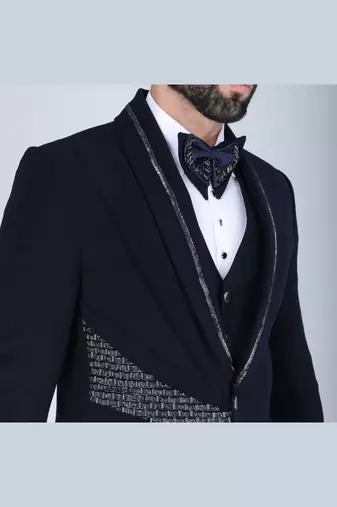 Navy 5 pc metal embroidered tuxedo suit for men
