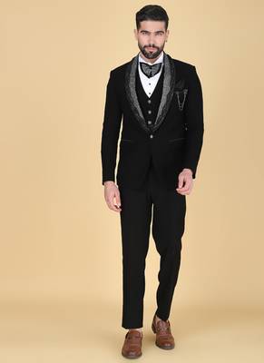 Black 5 pc embroidered designer tuxedo suit for men 1